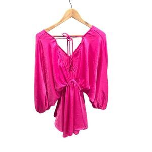 BUCKETLIST Hot Pink Tie Front Blouse Blouson Sleeve V-Neck Barbiecore Top